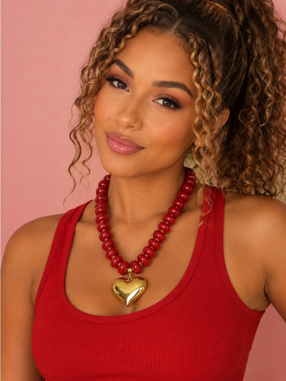 Red Beaded Gold Heart Pendant Necklace - Women Jewelry